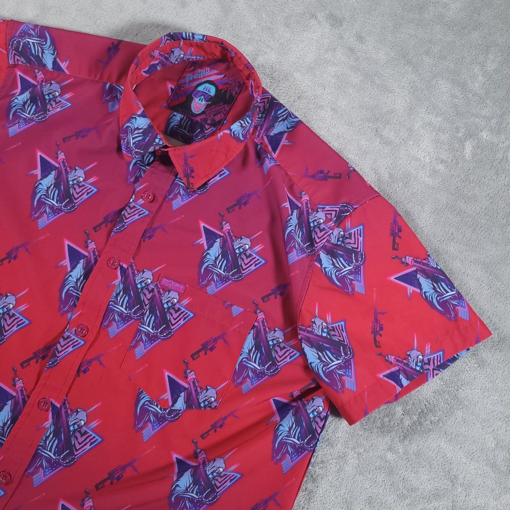 Retro Rifle Shirt Mens XL Red Deathwave Graphic Reaper Button Up Tactical